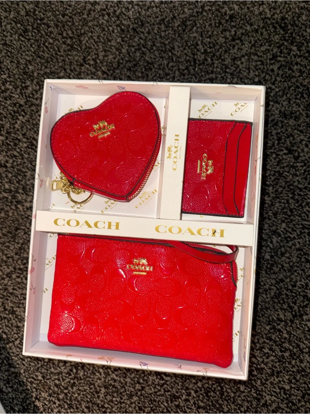 COACH Red Signature Leather Gift Set - Wristlet, Card Case & Heart Coin Pouch